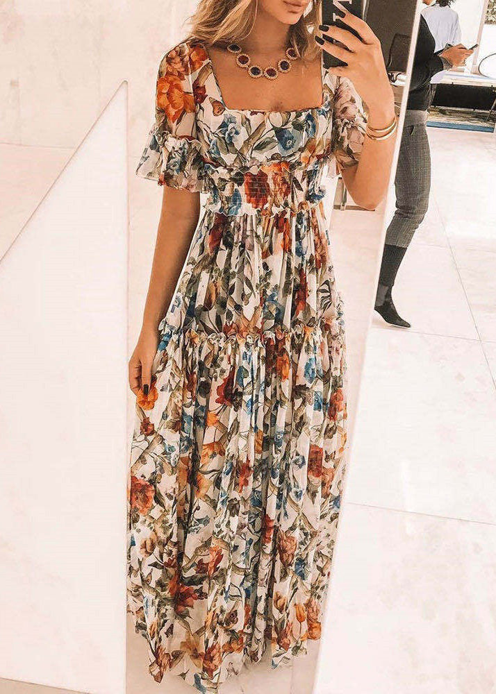 Apricot Square Neck Print Ruffle Waist Dress Summer