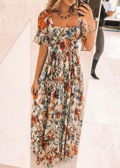 Apricot Square Neck Print Ruffle Waist Dress Summer
