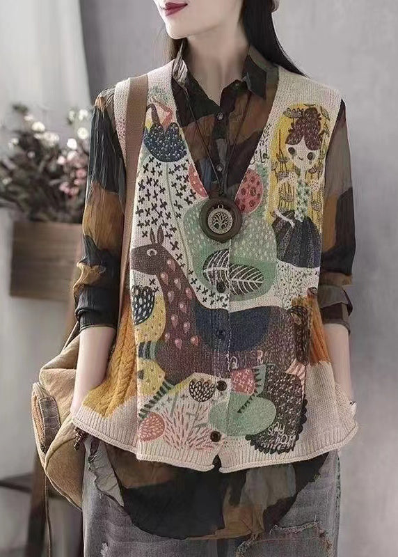 Beige Print Knit Vests Spring