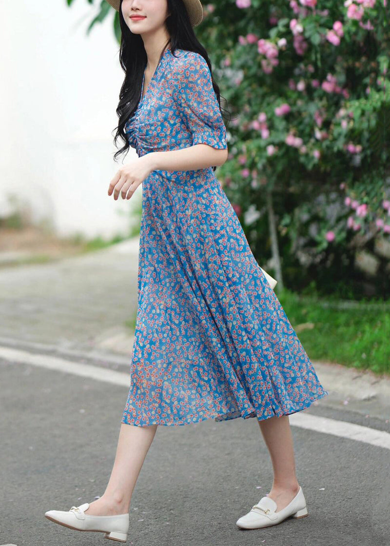 Blue V Neck Print Pockets Cotton Dress Summer