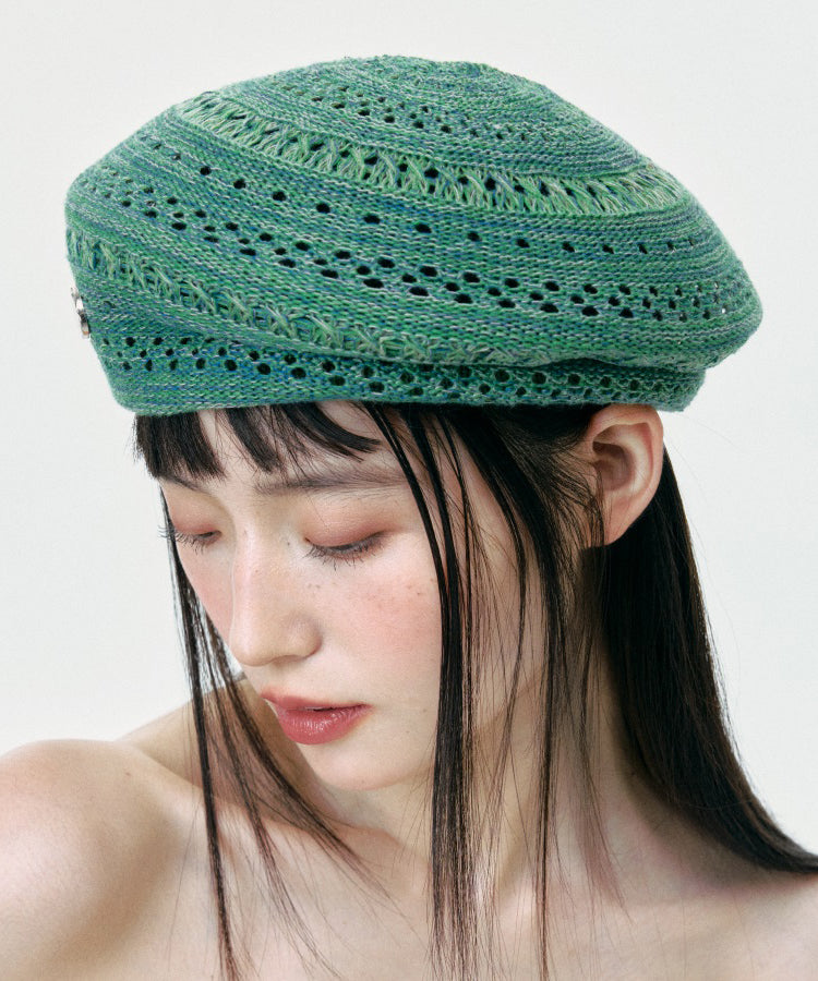 New Green Hollow Out Breathable Knit Beret Hat