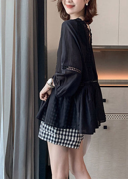 Black V Neck Hollow Out Patchwork Lace Shirt Three Quarter Sleeve