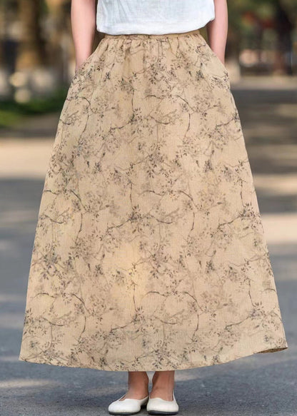 Khaki Pockets Print High Waist Cotton Skirts Summer