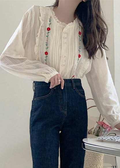 Art Beige Embroidered Ruffled Lace Blouses Fall