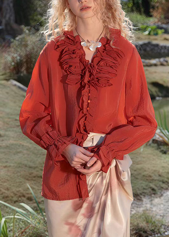 Red V Neck Butto Tops Spring