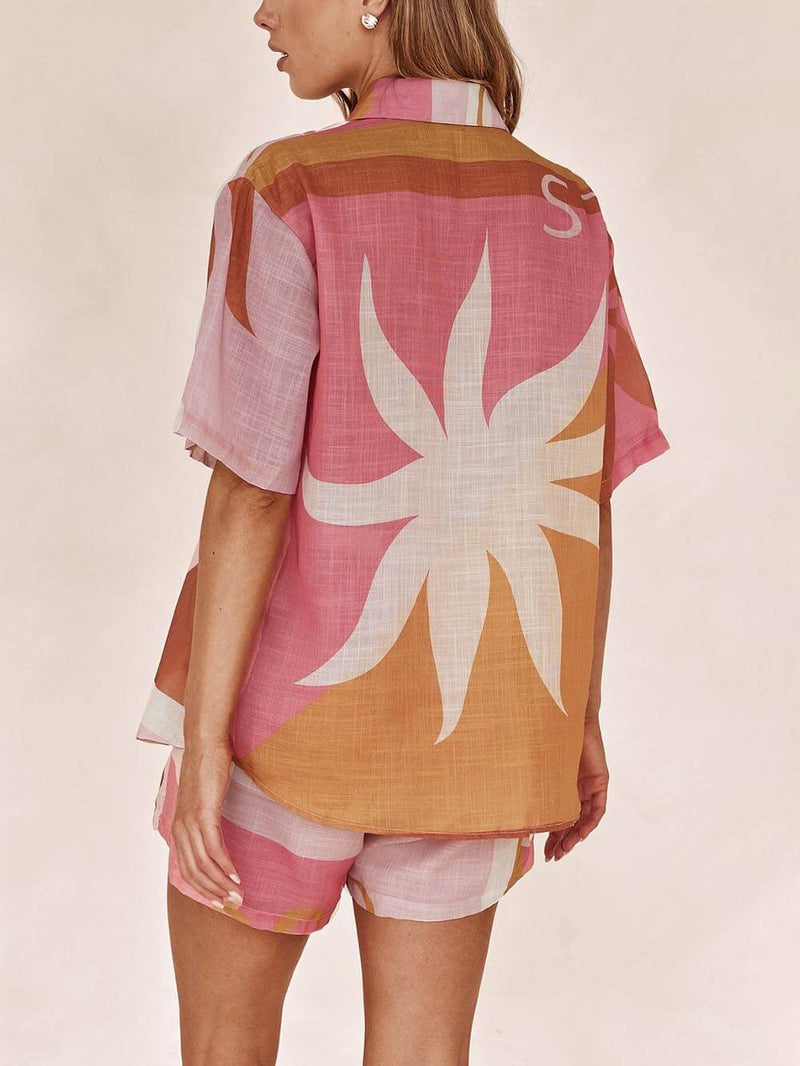 Loose Printed Bright Sun Vacation Shirt Shorts Set