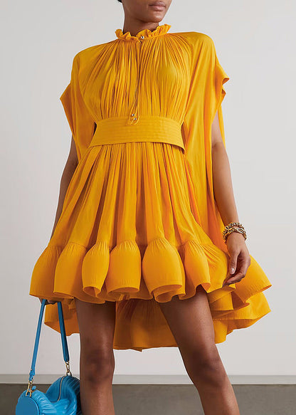 Yellow Ruffled Lace Up Mini Dress Summer