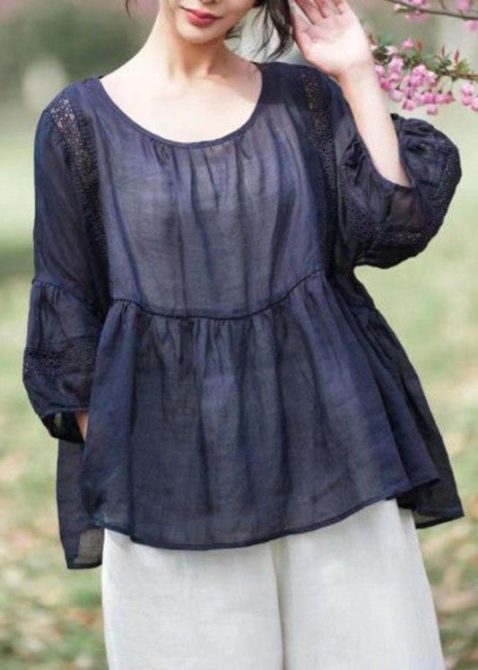 Navy Hollow Out Embroidered Patchwork Linen Tops Summer