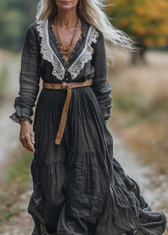V Neck Lace Patchwork Cotton Long Sleeve Maxi Dress