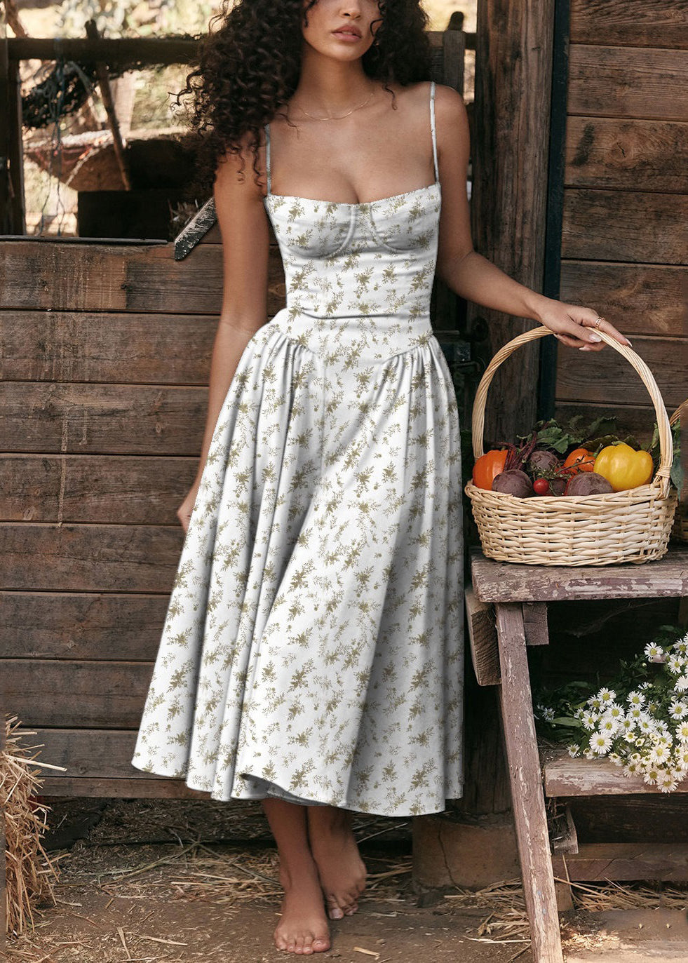 Blue Print Bustier Top Cotton Spaghetti Strap Dress Sleeveless
