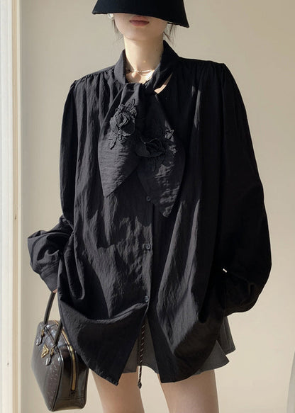 Black Button Loose Cotton Fall Shirt Bow