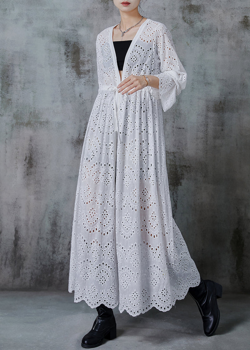 White Cinched Hollow Out Cotton Long Cardigans Fall