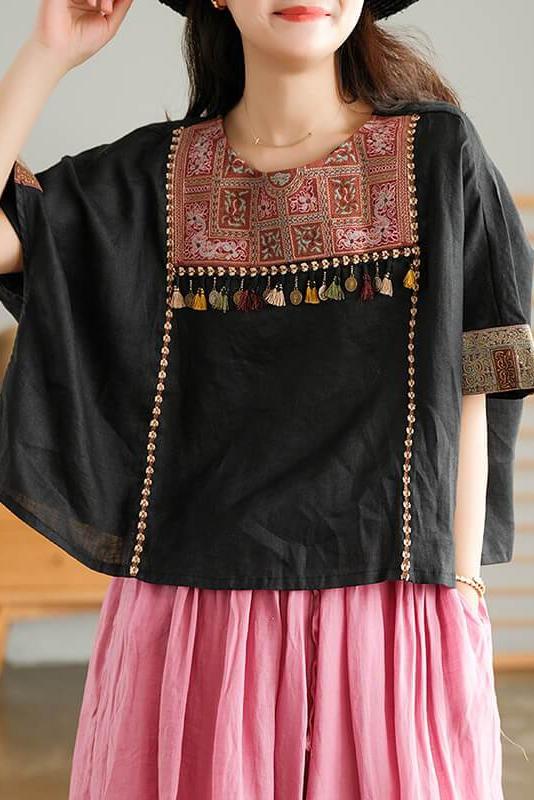 Embroidered Tasseled Split Linen T-shirt