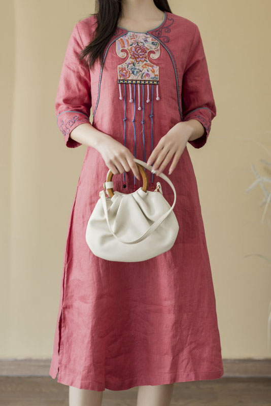Summer Retro Five-quarter Sleeve Dress Cotton Linen Embroidered Long Dress