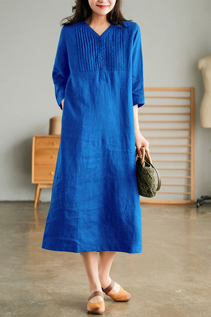 -summer V-neck Linen Dress Half Sleeve Dress