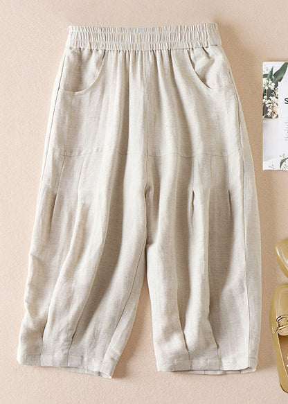 Beige Pockets Wrinkled Elastic Waist Cotton Shorts Summer