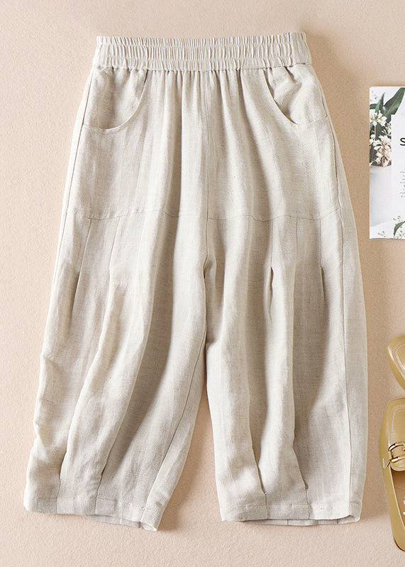 Beige Pockets Wrinkled Elastic Waist Cotton Shorts Summer