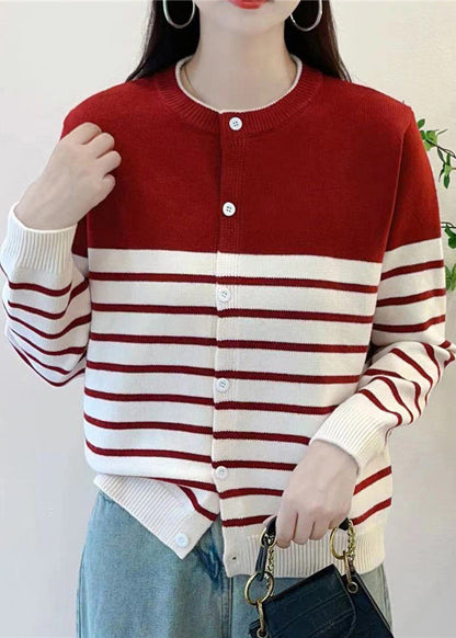 Red Striped Button Knit Cardigan Fall
