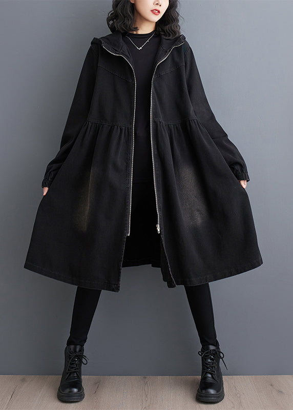 Black Peter Pan Collar Zippered Denim Long Trench Coats Fall