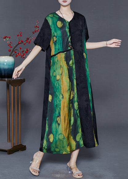 Green Oversized Patchwork Silk Long Dress Summer