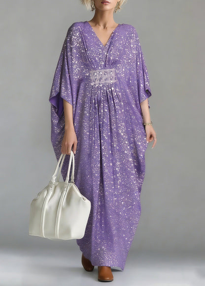 Purple Sequins Tunic Holiday Long Dress Batwing Sleeve