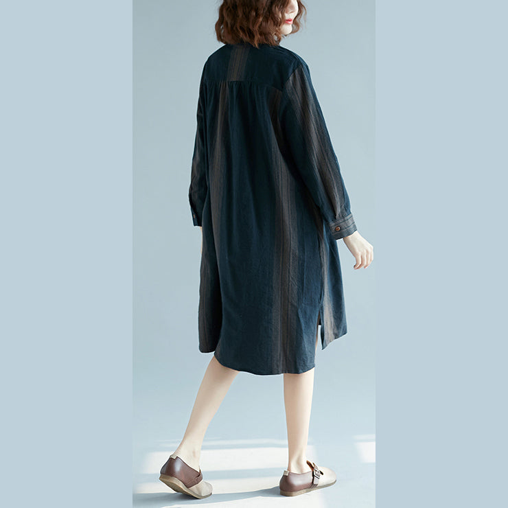 New Blue Striped Cotton Linen Dress Long Sleeve Baggy Dresses Stand Side Open Linen Cotton Dress