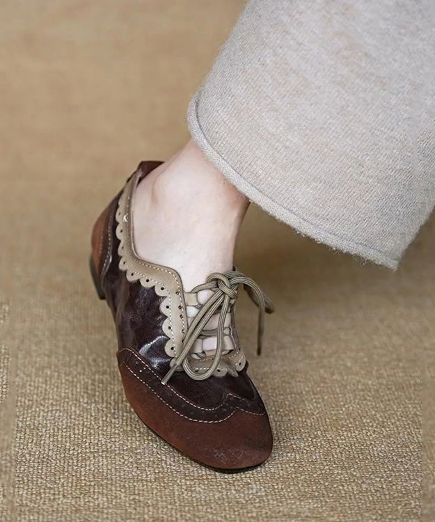 Coffee Cowhide Leather Splicing Suede Flat Shoes Lace Up