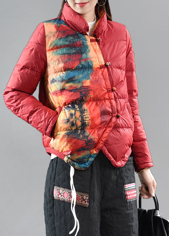 Red Stand Collar Pockets Print Asymmetrical Design Winter Down Coat