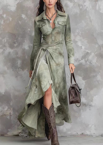 French Green Peter Pan Collar Tie Dye Lace Up Maxi Dresses Spring