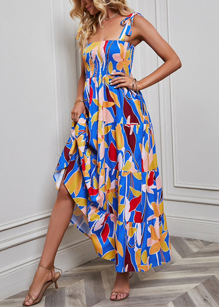 Blue Print High Waist Cotton Dresses Summer