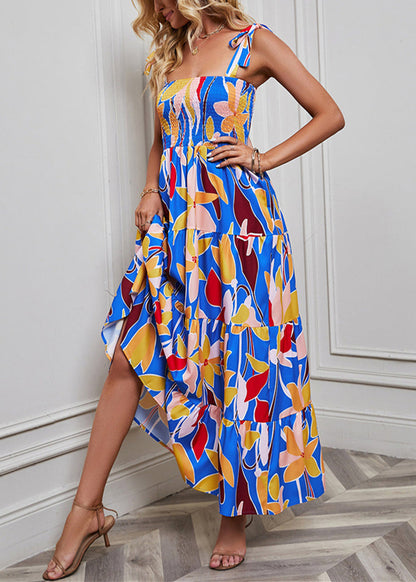 Blue Print High Waist Cotton Dresses Summer
