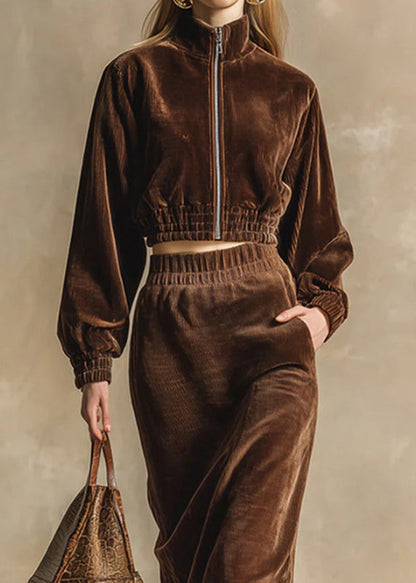 Boutique Chocolate Zip Up Tops and Skirts Cotton Two Pieces Set Fall