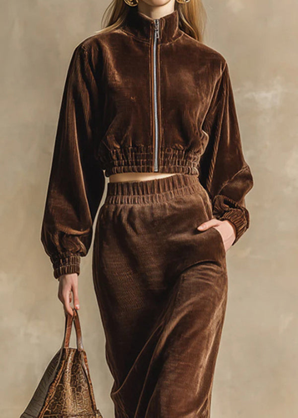 Boutique Chocolate Zip Up Tops and Skirts Cotton Two Pieces Set Fall
