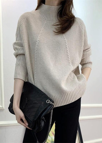 Beige Cozy Knit Fall Sweaters Turtleneck