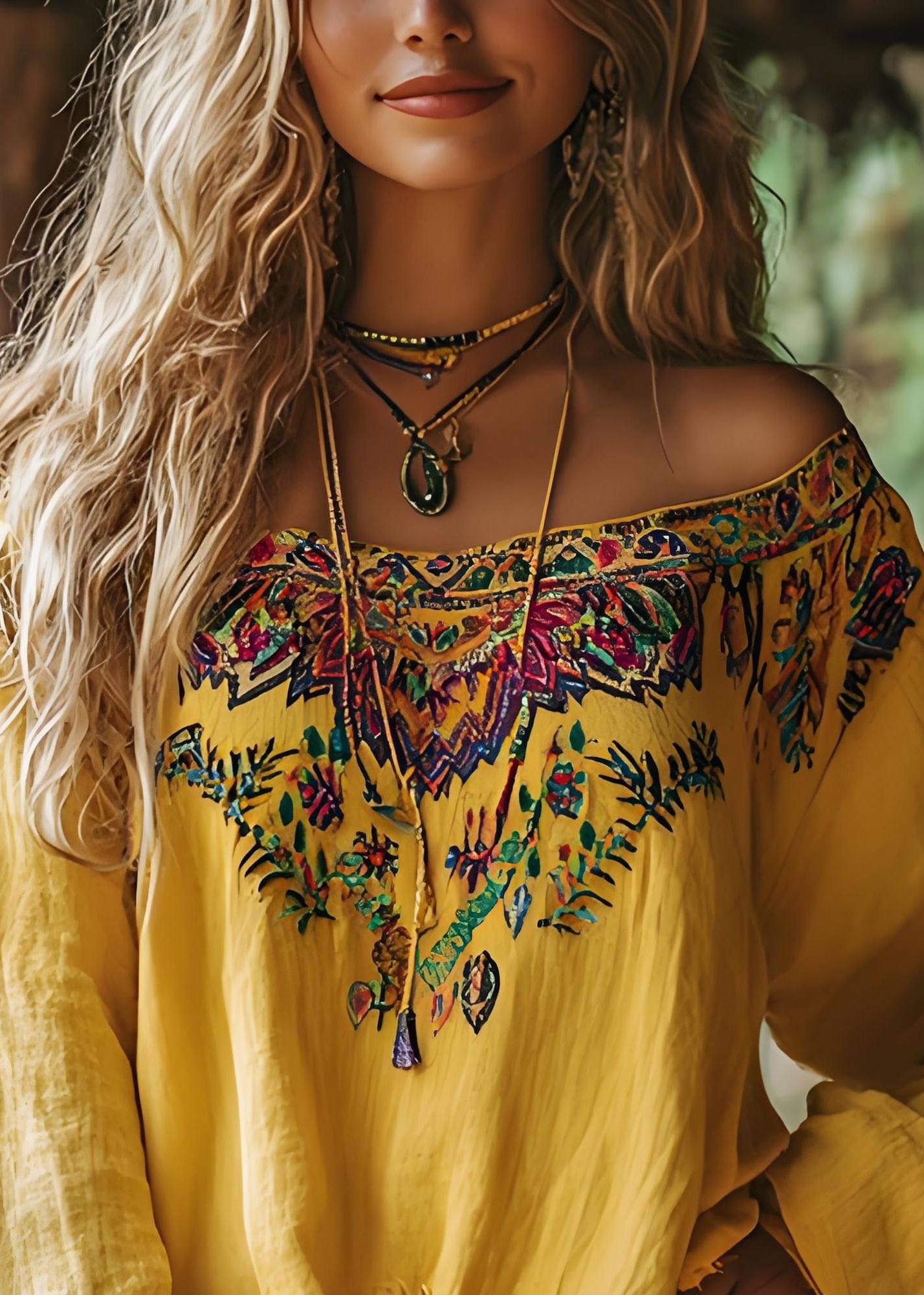 Yellow Slash Neck Print Cotton Shirts Spring