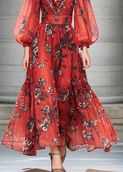 Red Ruffled Print Chiffon Cinched Dress Fall