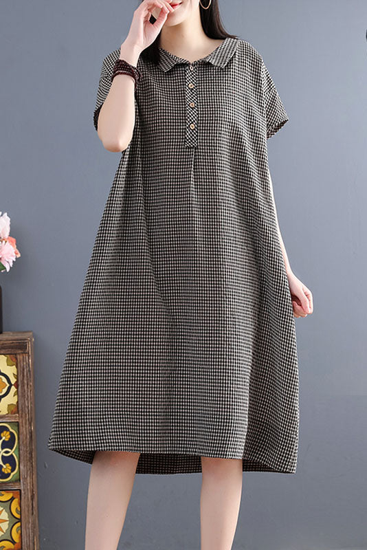 Summer Retro Loose Shirt Skirt Plaid Cotton Linen Dress