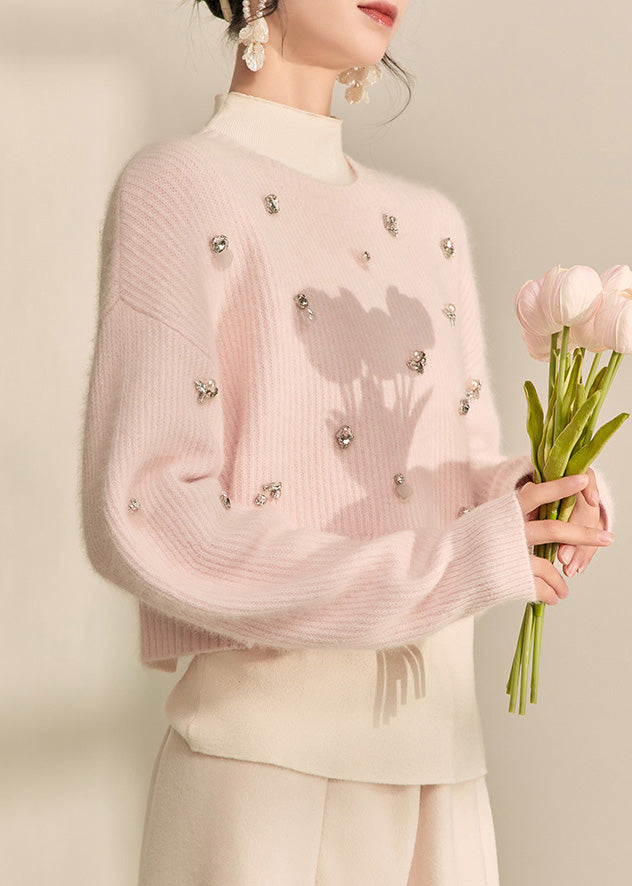 Pink O-neck Nail Bead Cotton Knit Short Sweater Fall
