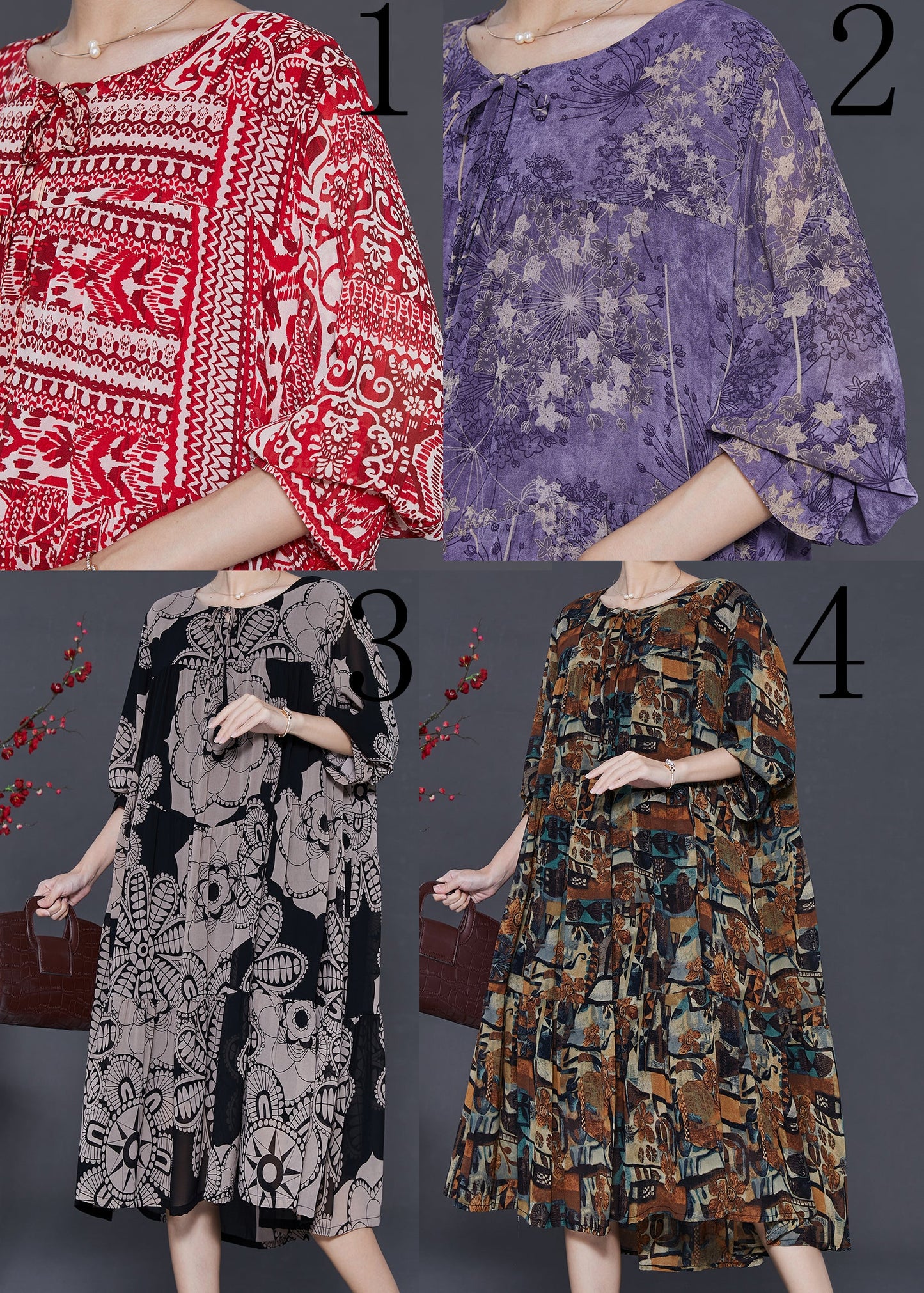 Brown Oversized Print Chiffon Vacation Dresses Fall