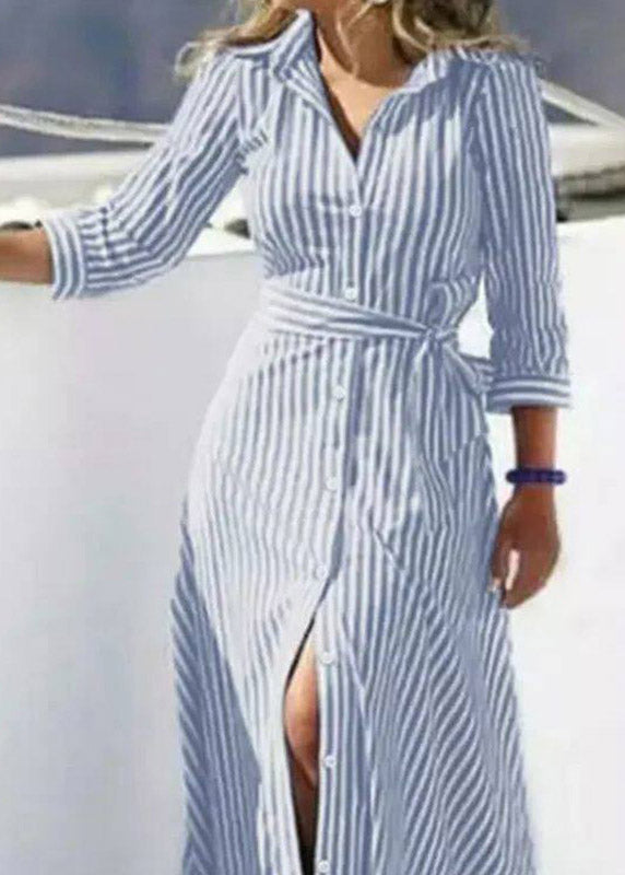 Black Striped Tie Waist Maxi Shirts Dress Three Quarter Sleeve