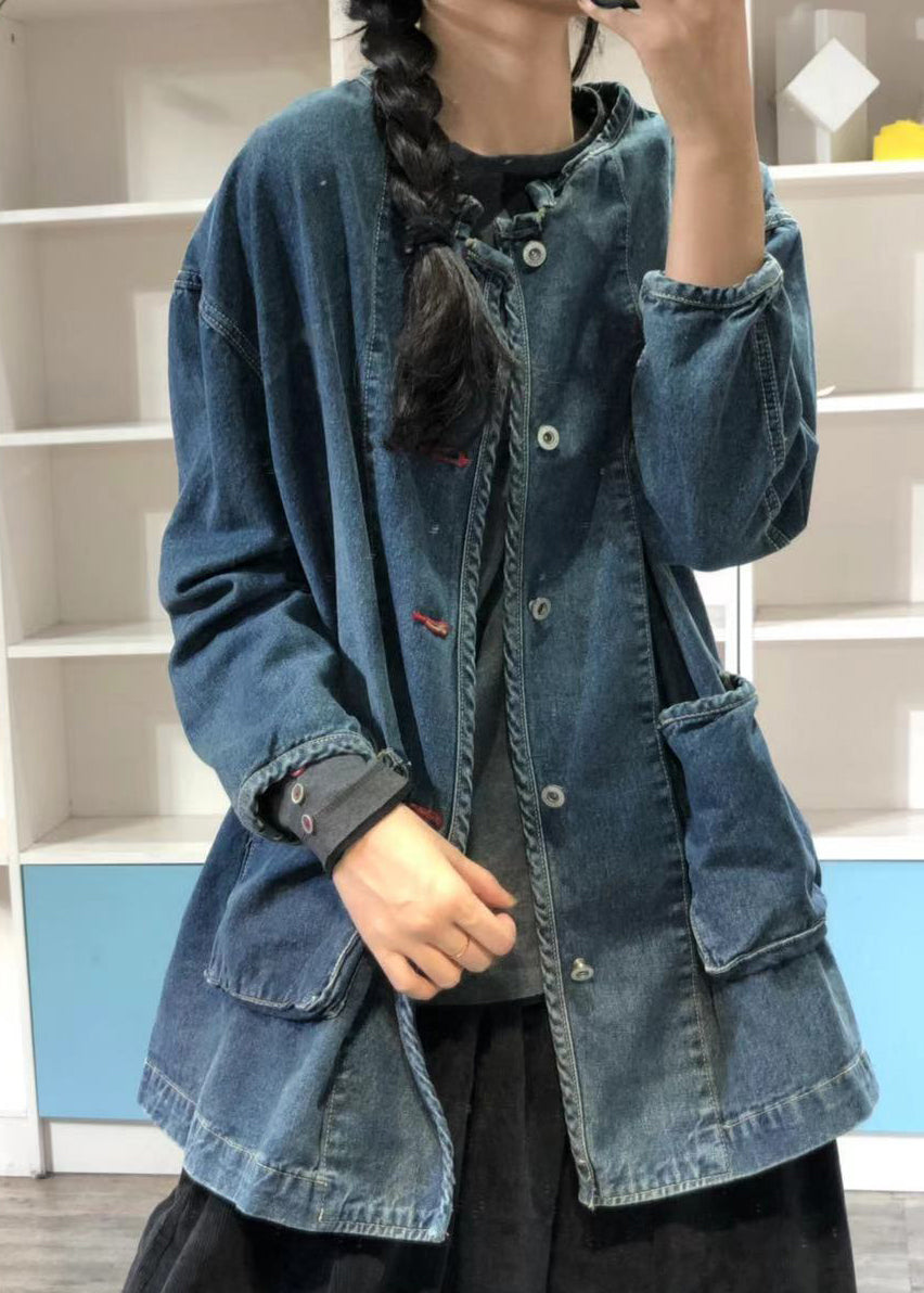 Blue O Neck Pockets Button Patchwork Denim Coat Fall