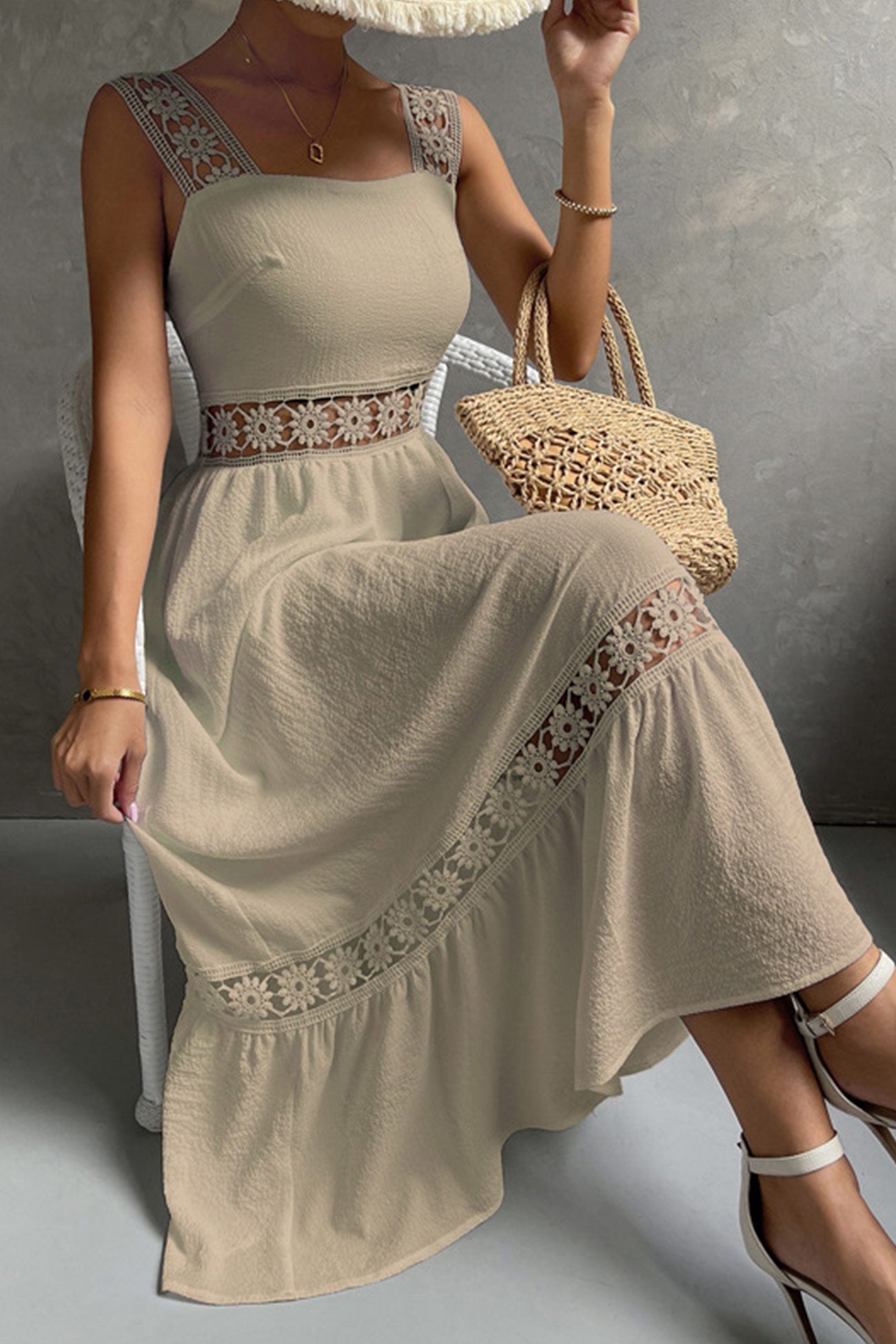 Jacquard Hollow Out Tiered Midi Dress