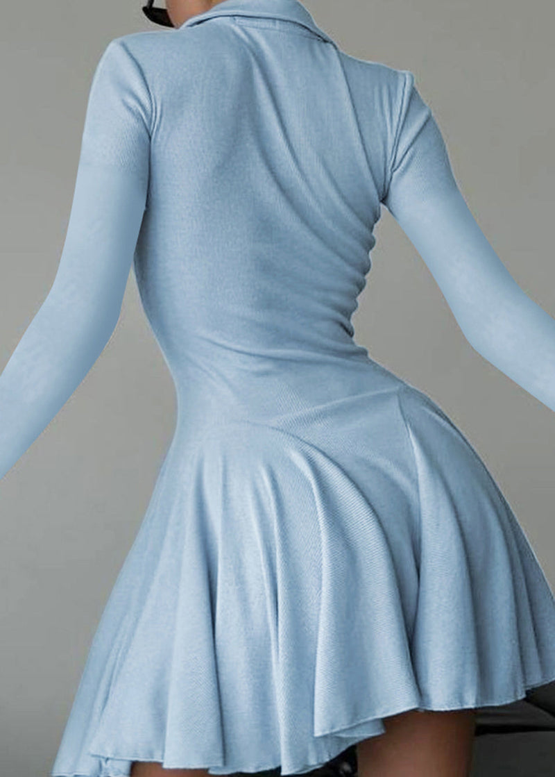 Slim Fit Blue Peter Pan Collar Wrinkled Cotton Dress Fall