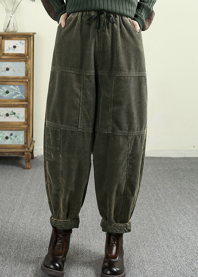 Green Pockets Elastic Waist Corduroy Warm Fleece Pants Winter