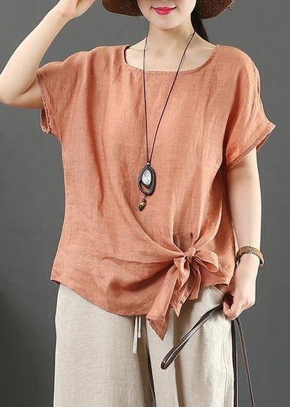 Navy Linen Cotton Blouses Sewing O Neck Bow Summer Blouses