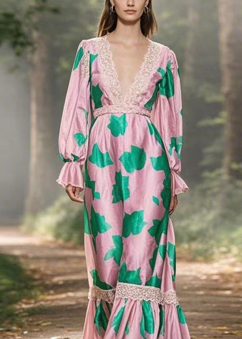 V Neck Print Lace Patchwork Silk Long Dress Spring