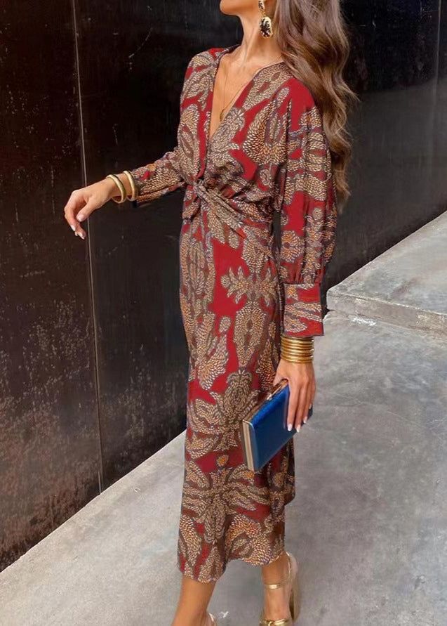 Classy Green V Neck Print Cotton Long Dresses Fall