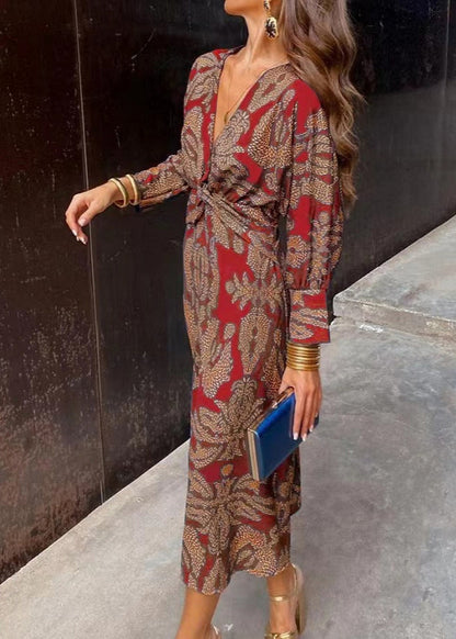 Classy Green V Neck Print Cotton Long Dresses Fall