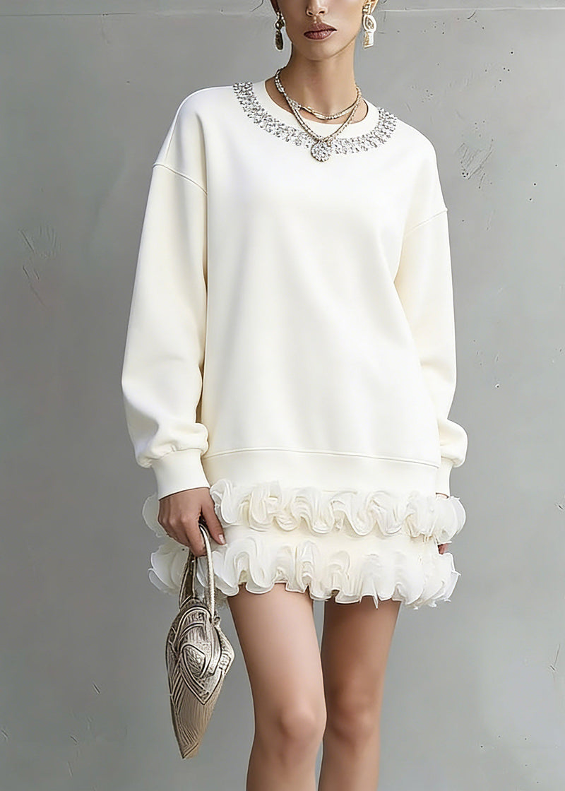 Unique White O-neck Zircon T Shirts Lantern Sleeve