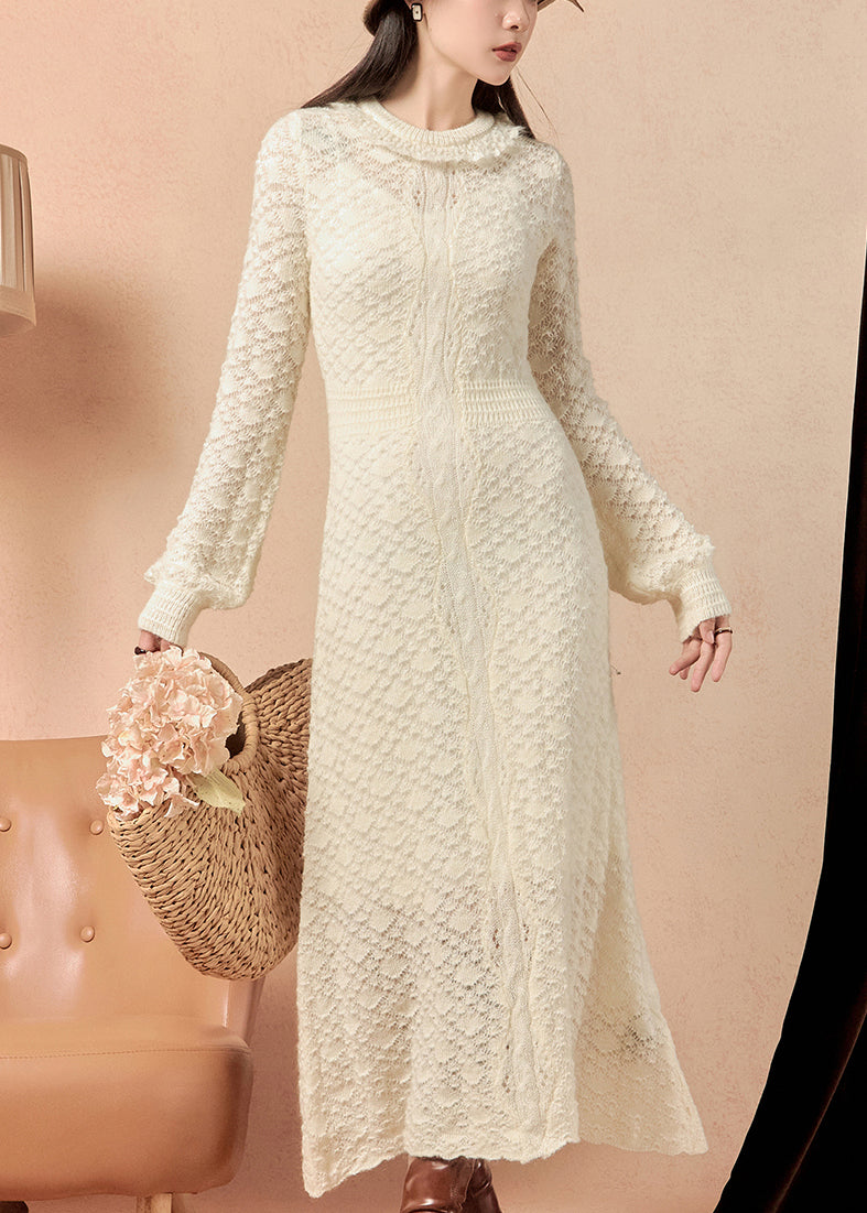 Slim Fit Beige Hollow Out Knit Long Dress Spring